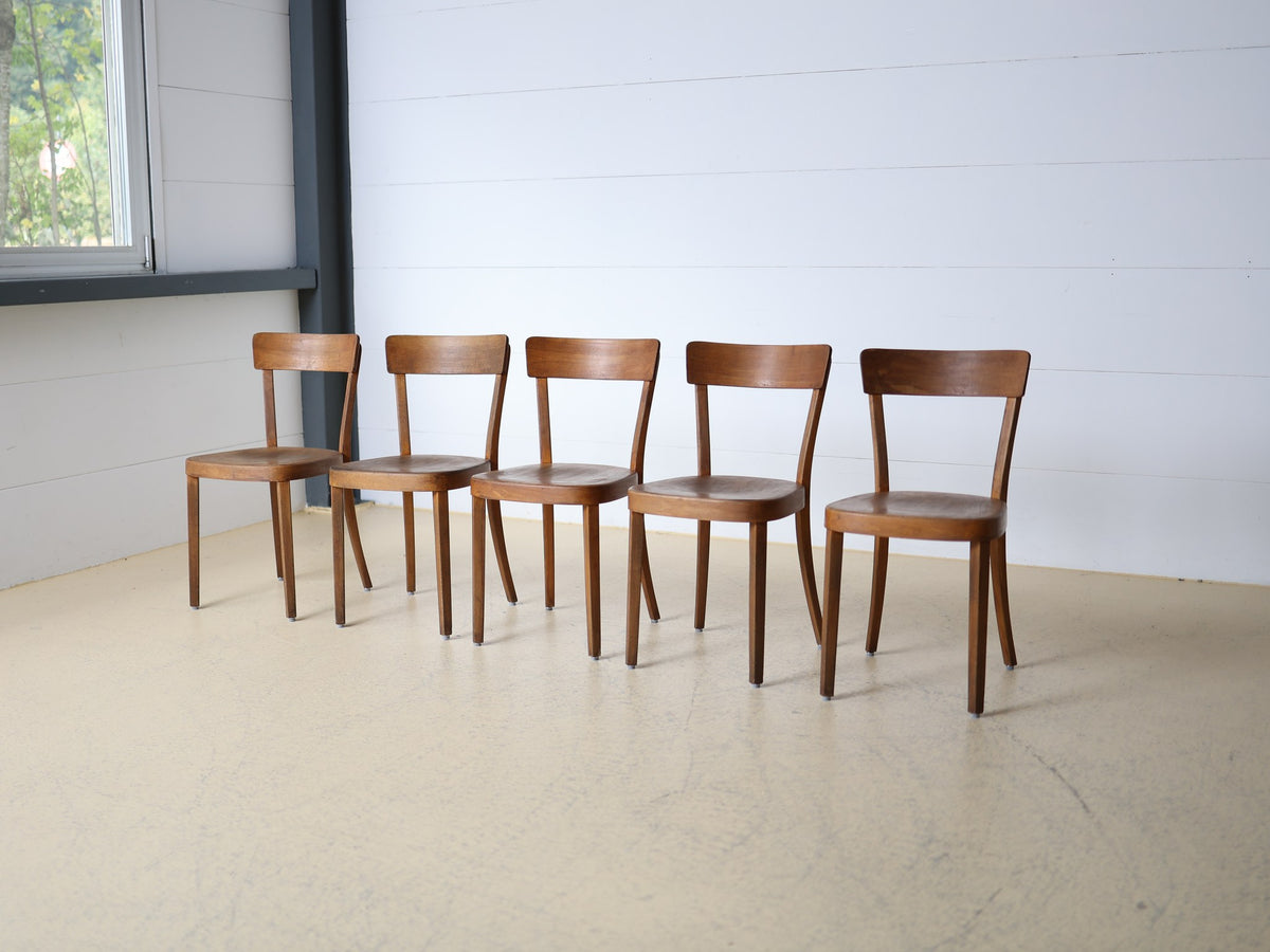 5er-Set Horgen-Glarus Kaffeehausstühle Massivholz Buche nussbraun, Mid-Century Swiss Design