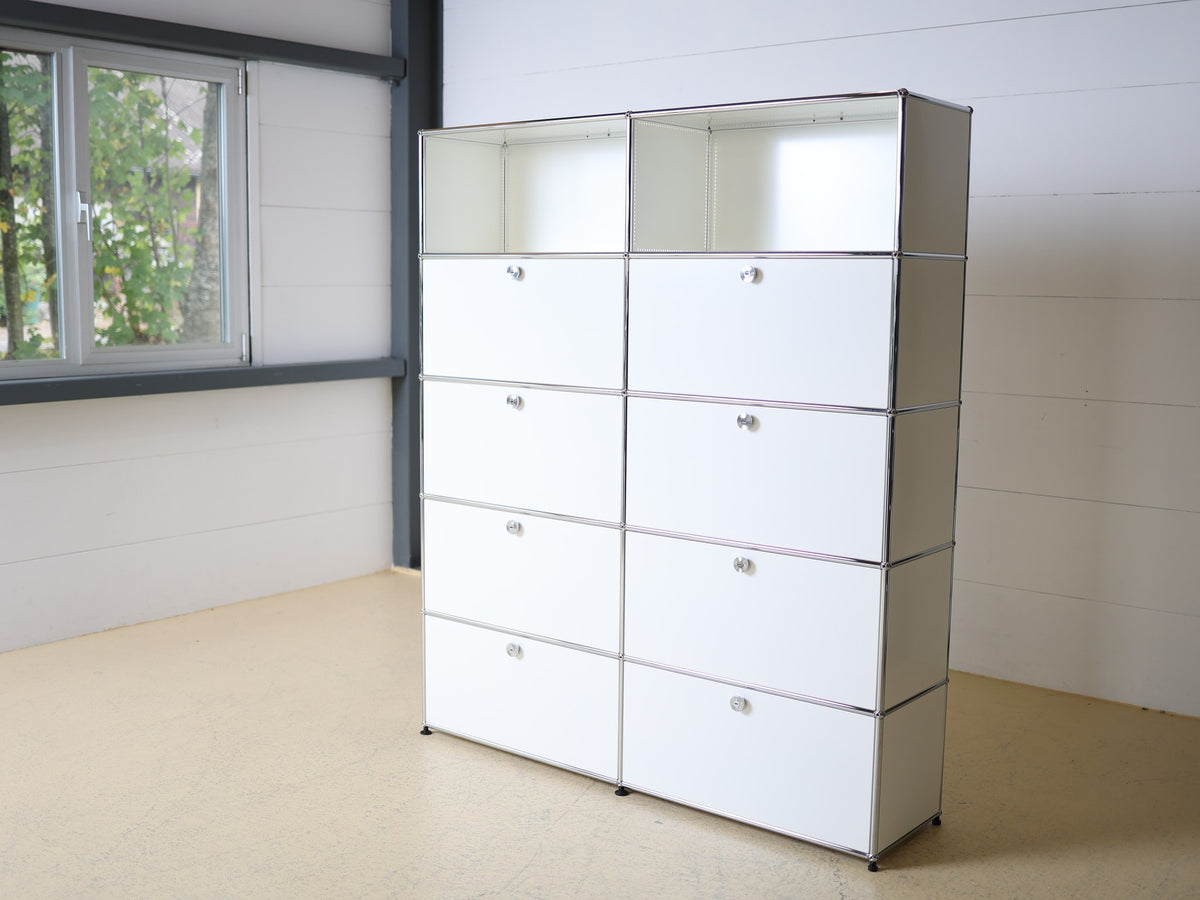 USM Haller Aktenschrank 2×5 Reinweiss mit 8 Fallklappen und 2 offenen Fächern, Gestell verchromt