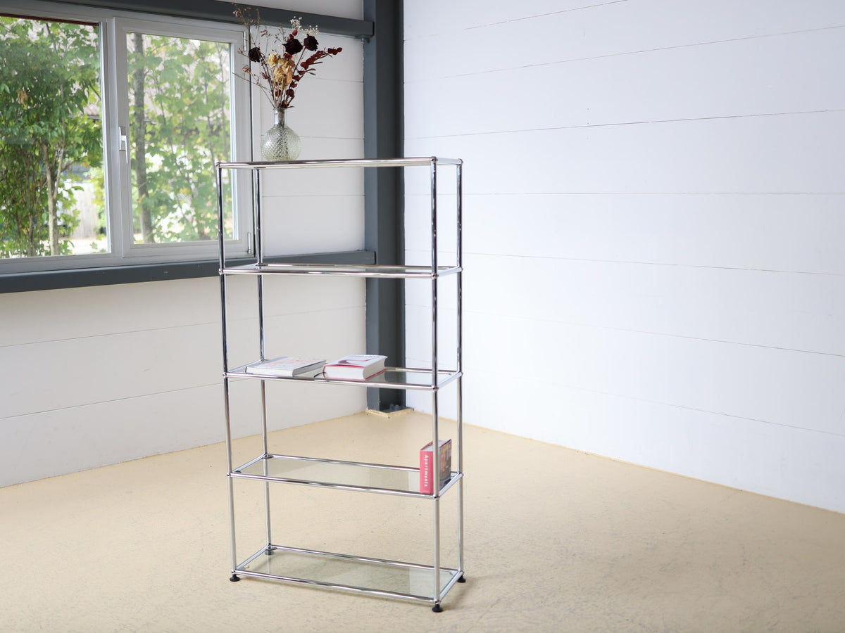 USM Haller Möbelbausystem Regal 1×5 mit Glasböden, Schweizer Designklassiker