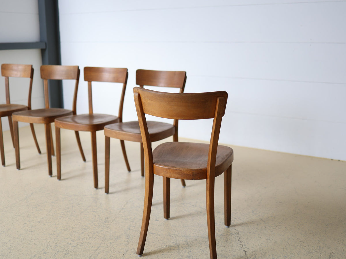 Horgen-Glarus 5er-Set Essstühle, Schweizer Design 1950er, Buche nussbraun, Wohnzimmer