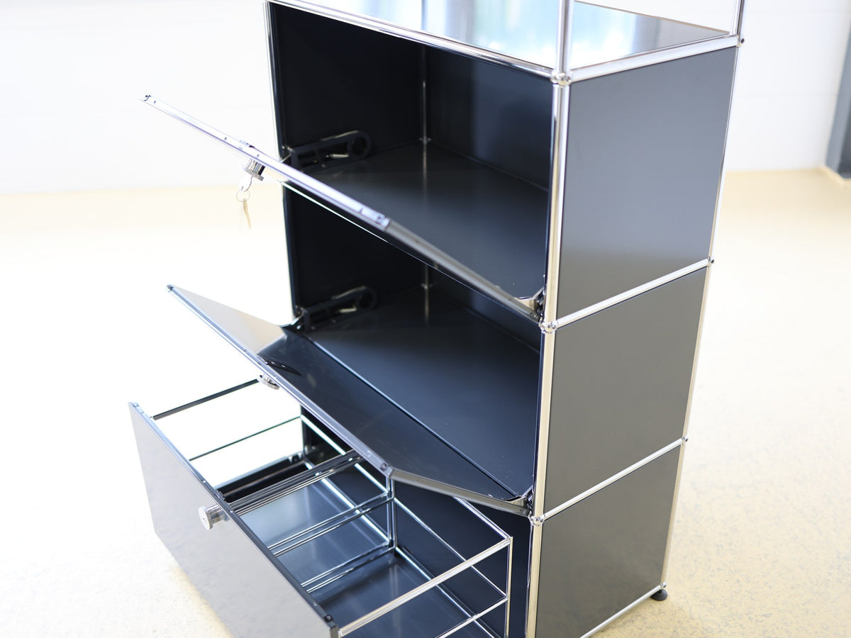 USM Haller Standcontainer Anthrazit RAL 7016 – Nahaufnahme Haller-Kugelknoten verchromt